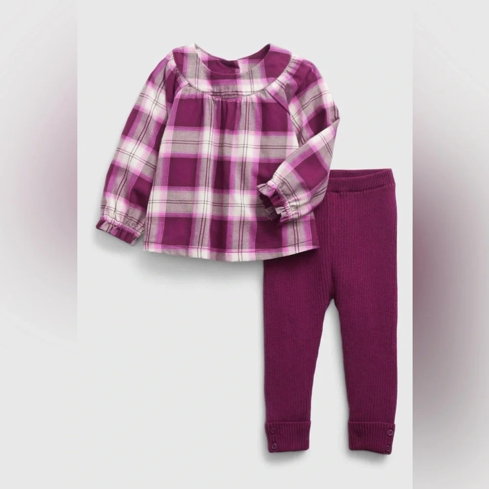 NWT Baby Gap Baby Flannel Two-Piece Outfit Set Huckleberry Purple Size 3-6 Mnths